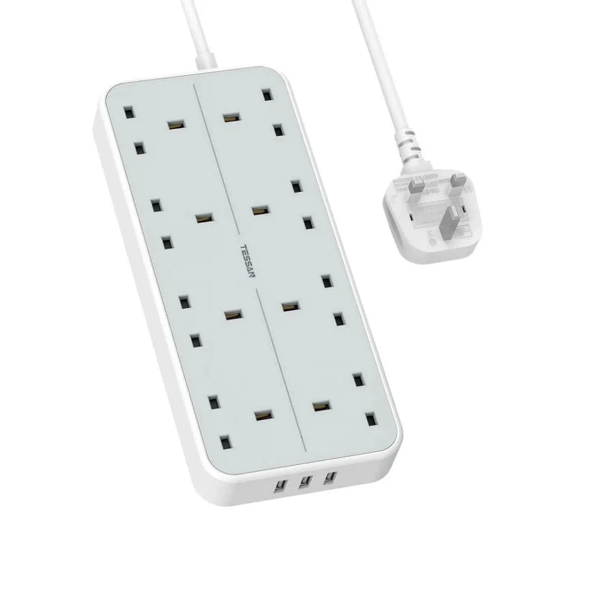 TESSAN Extension Lead, 8 Way Multi Plug Extension With 3 Usb Slots, 2M Cable, Wall Mounted Power Strip Socket For Home, Office