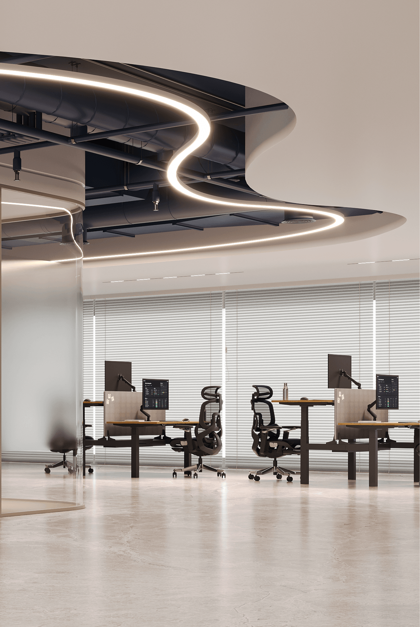 A desk cycling smoothly between seated and standing heights
