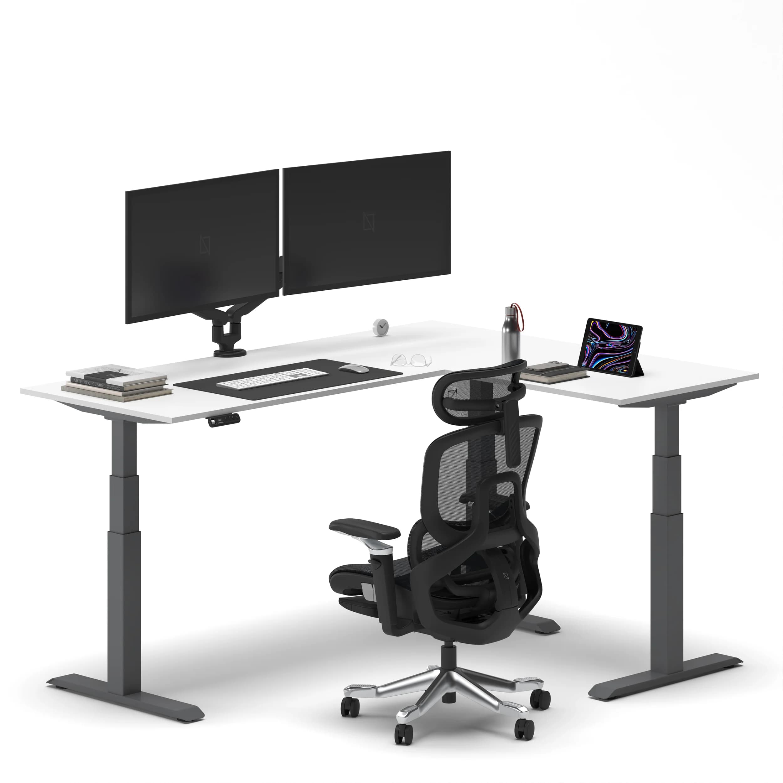 Navodesk® L Shaped Desk Black Top White Frame Grey Right1
