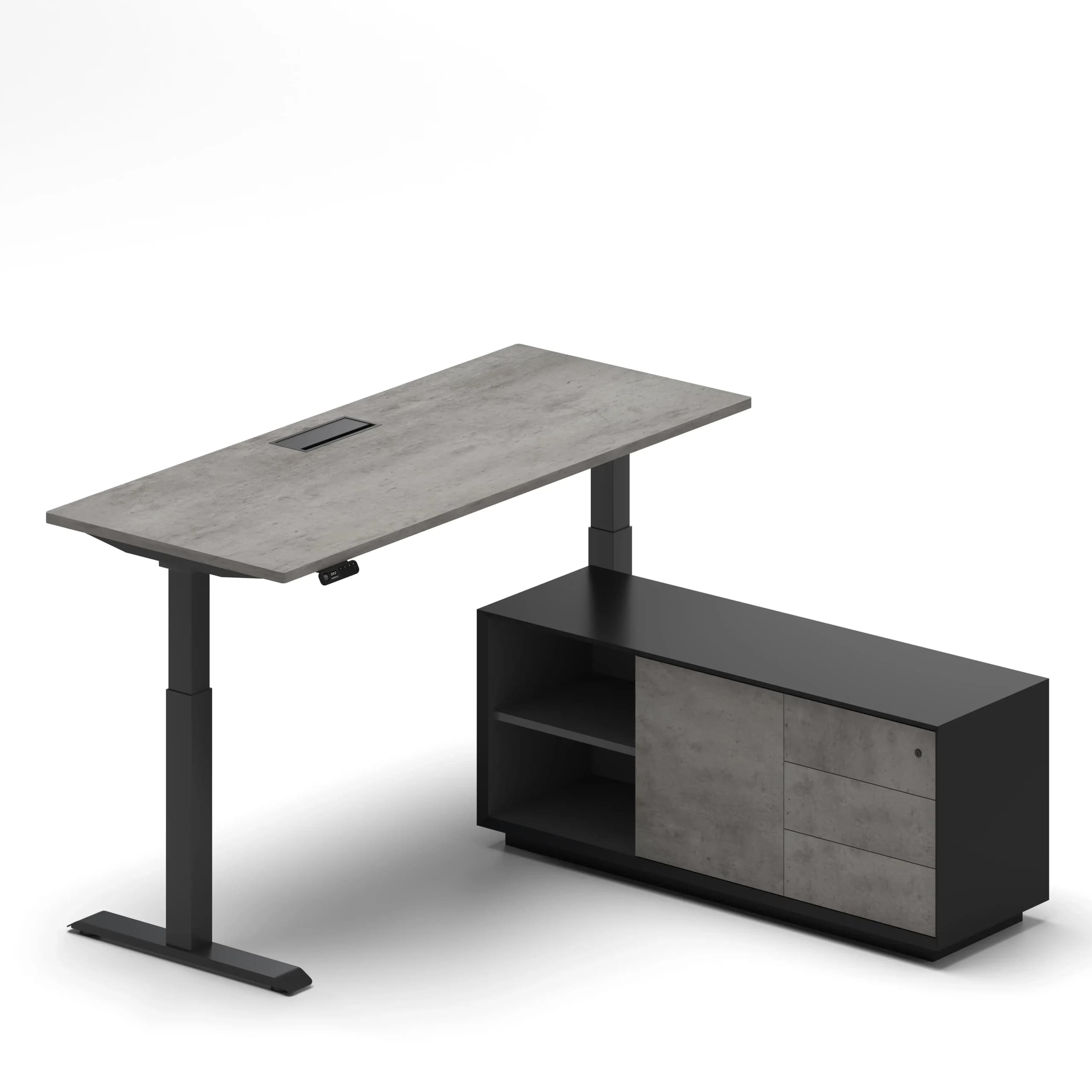 Navodesk Pro Executive Standing Desk with Storage height-adjustable black frame, concrete 140×75 cm desktop, left-side cabinet organizer, modern height adjustable ergonomic office workstation
