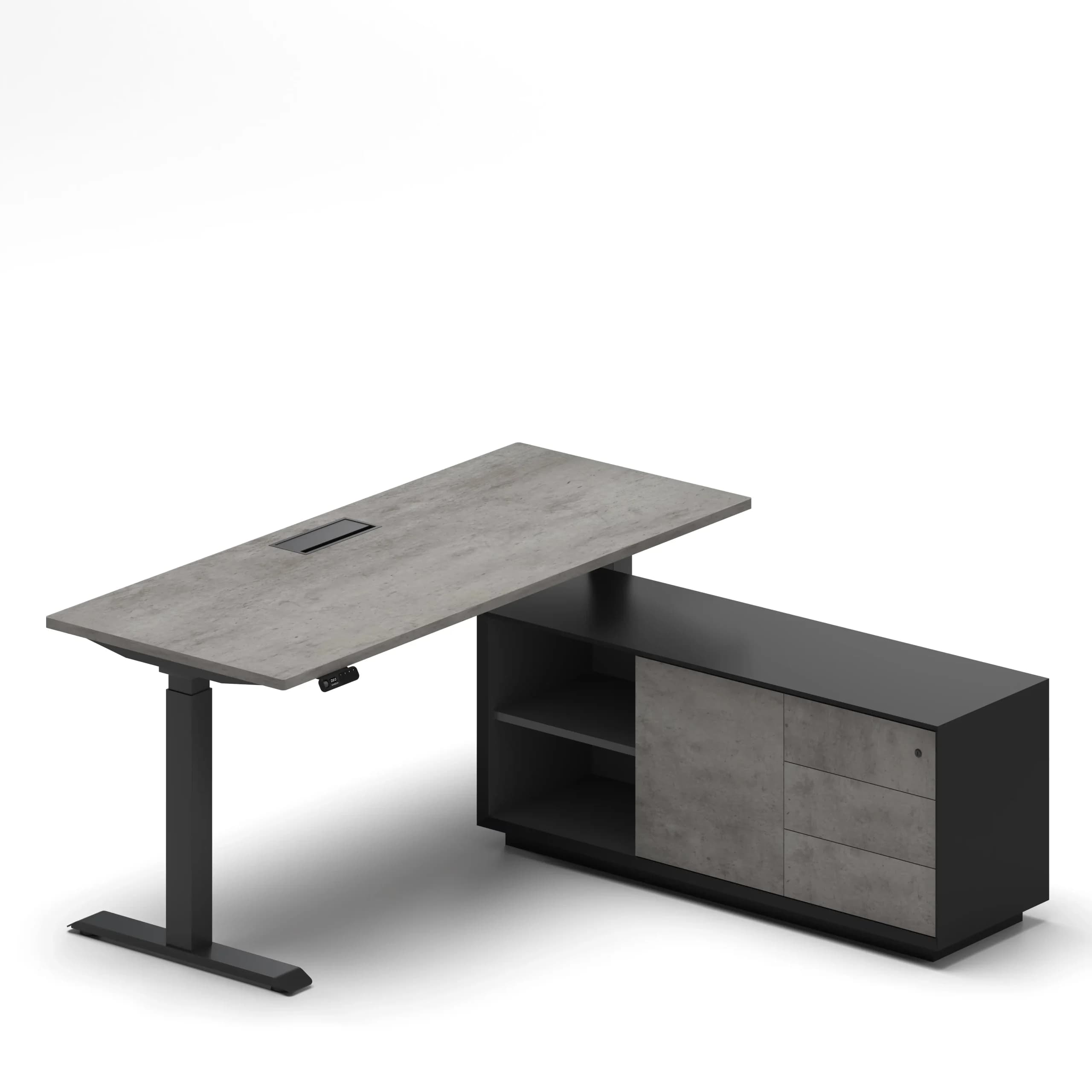 Navodesk Pro Executive Standing Desk with Storage height-adjustable black frame, concrete 140×75 cm desktop, left-side cabinet organizer, modern height adjustable ergonomic office workstation