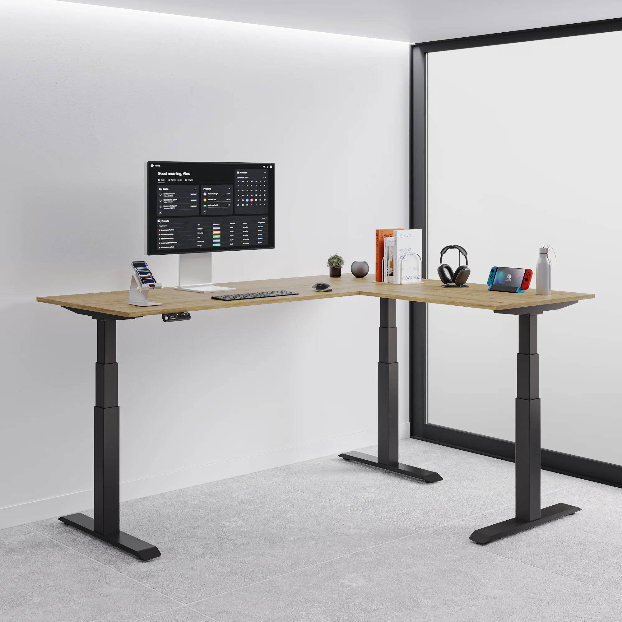 Navodesk® L Shaped Desk Oak Top Black Frame Right1