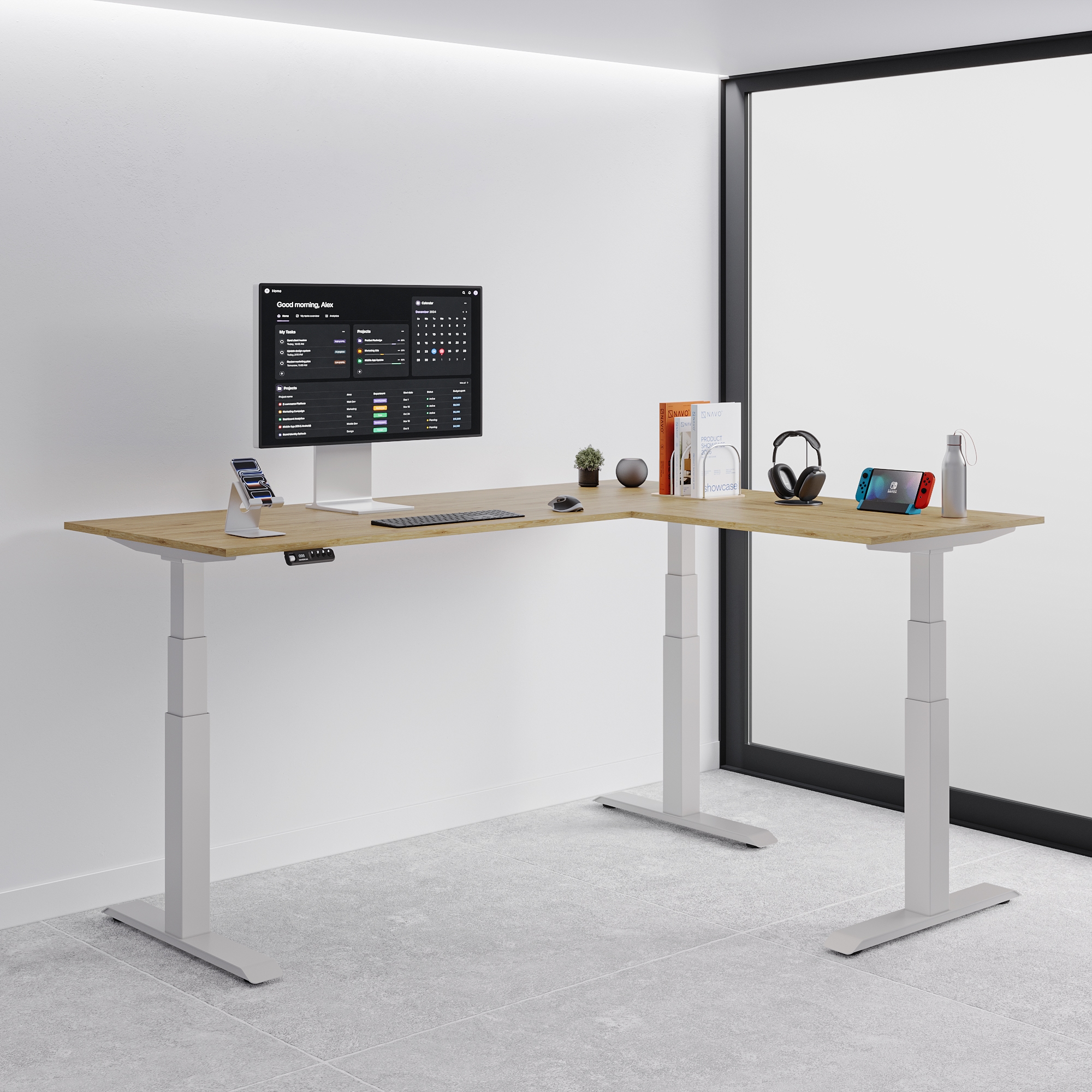 NavoDesk Studio L Shaped Standing Desk Oak Top White Frame Right 01