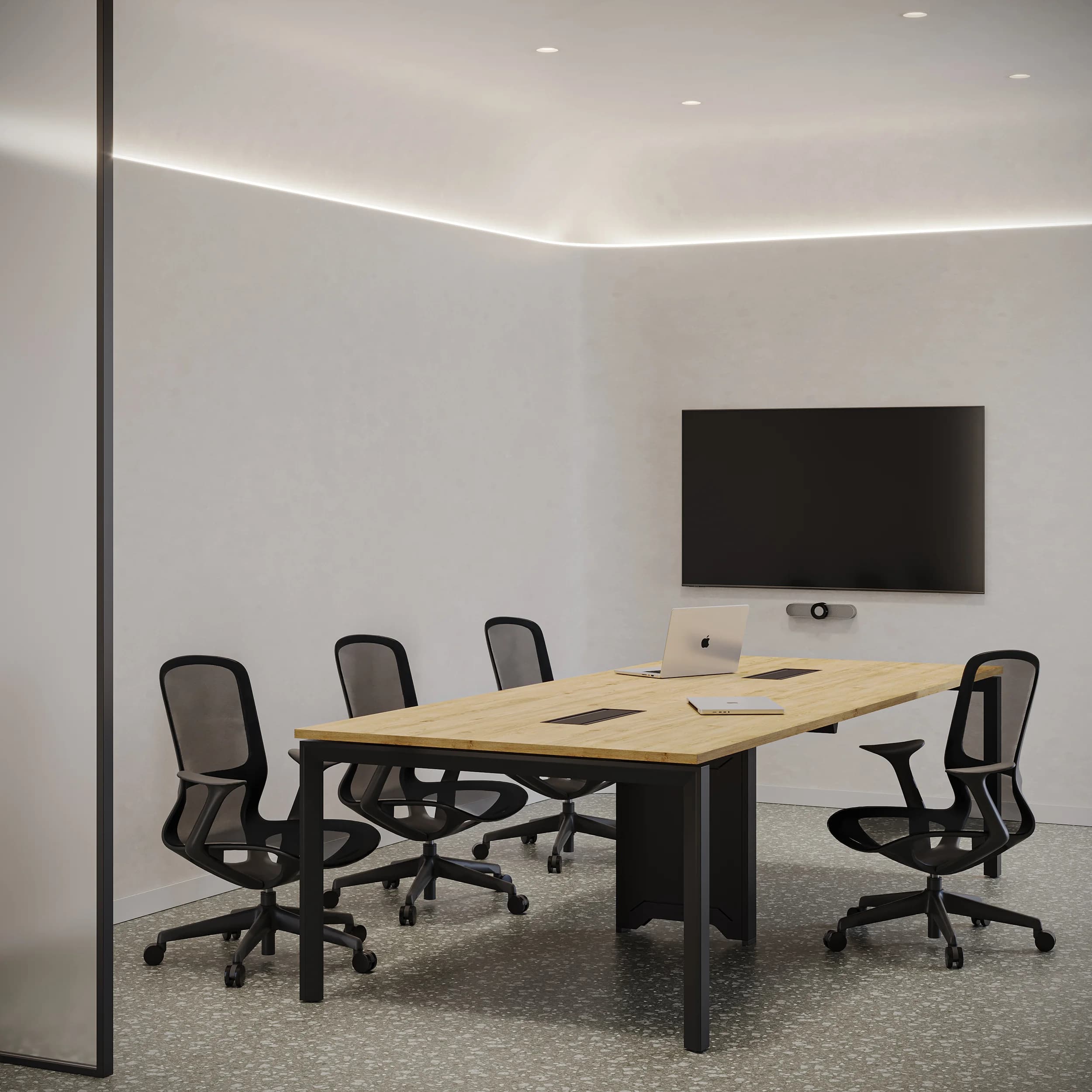 Workhub Meeting table Oak Top Black Frame Lifestyle