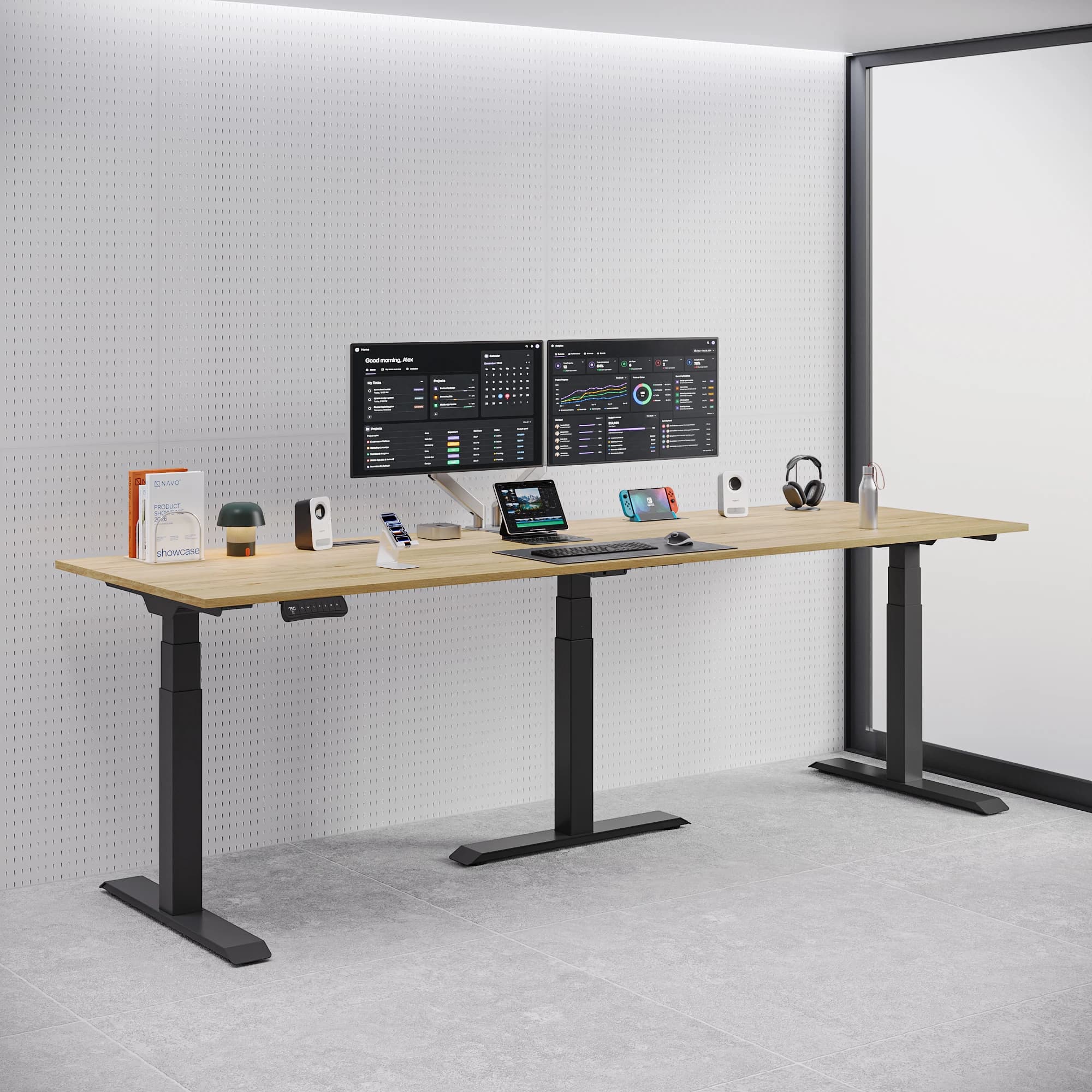NavoDesk Flex180 XL Oak Top Black Frame Lifestyle