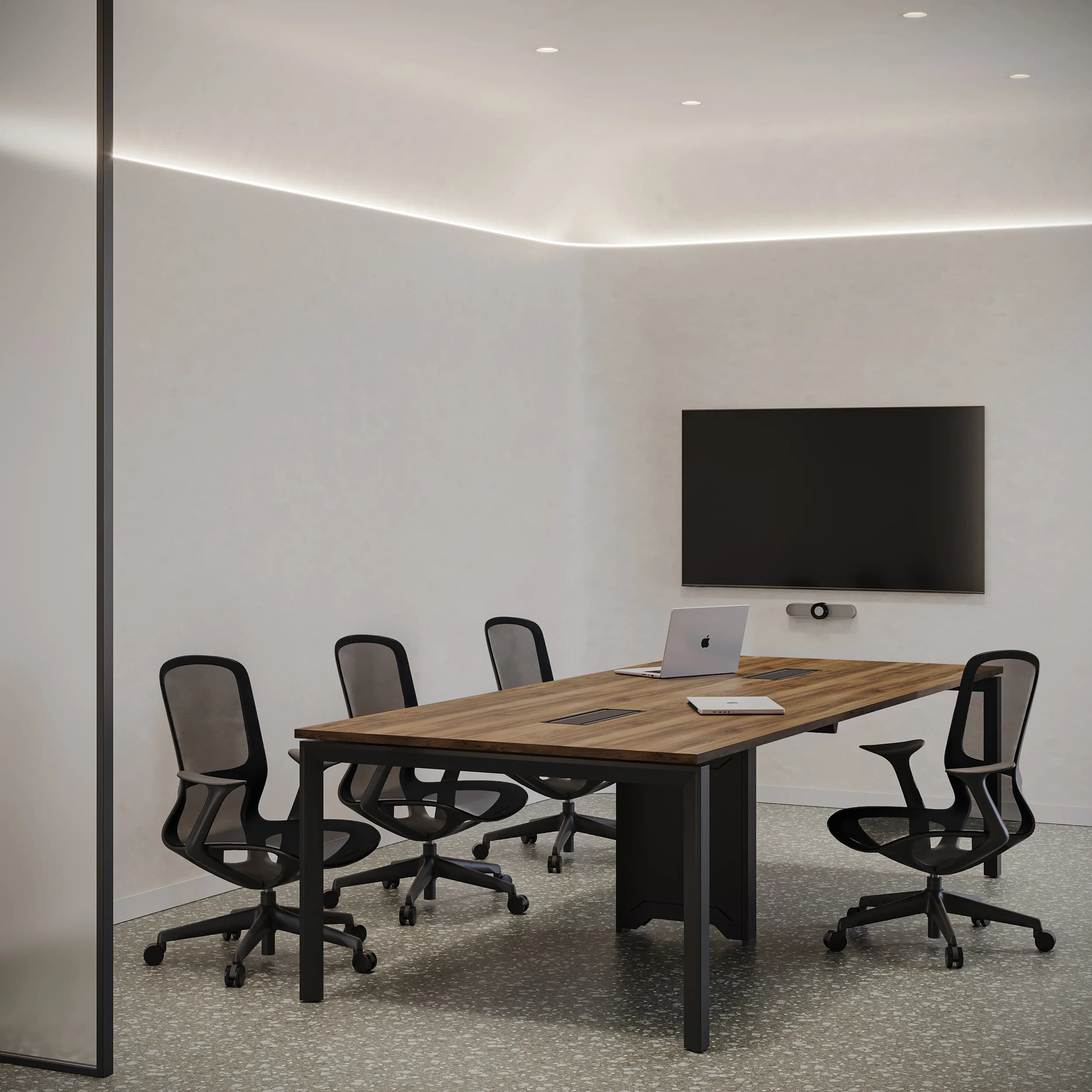 Workhub Meeting table Walnut Top Black Frame Lifestyle