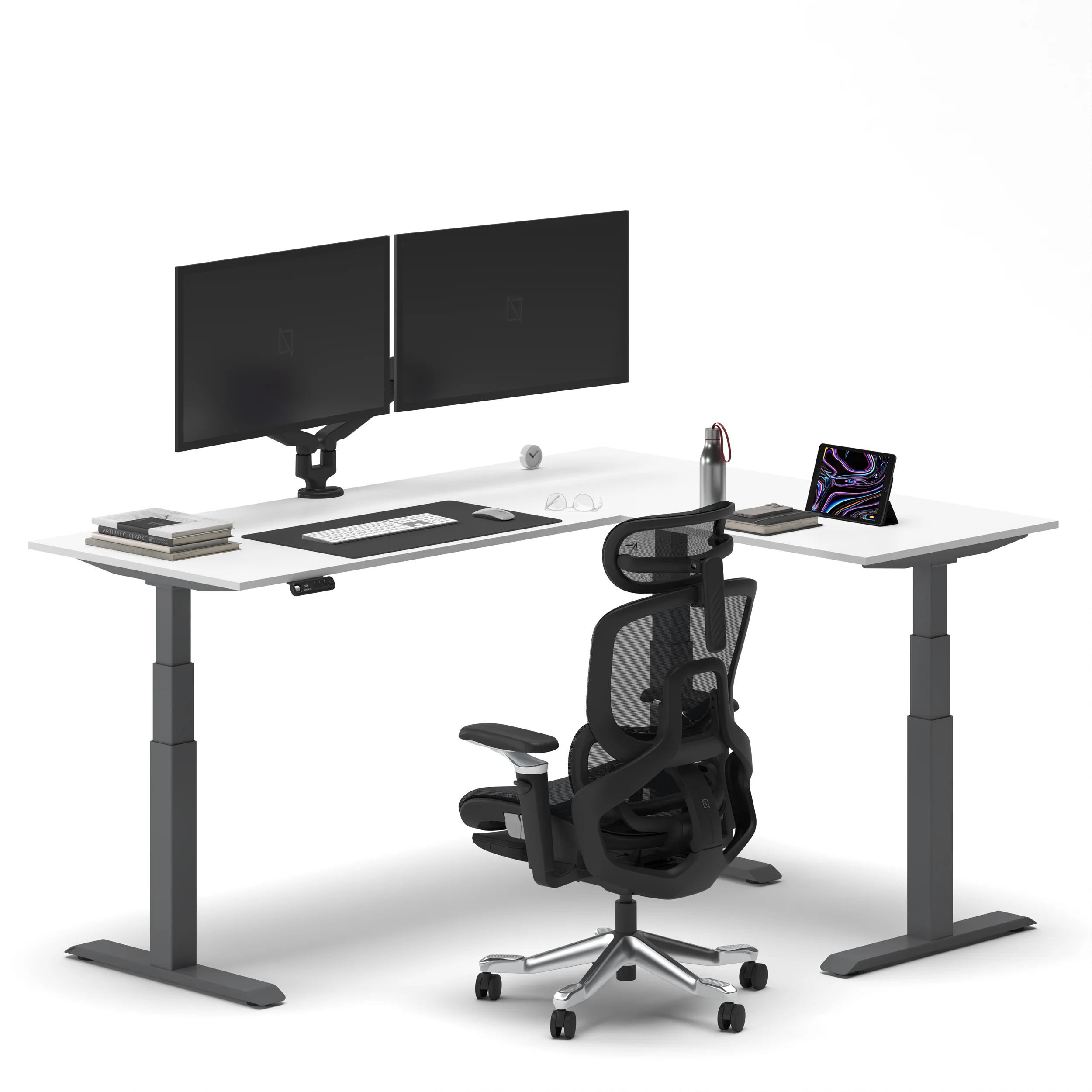 Navodesk® L Shaped Desk Black Top White Frame Grey Right1
