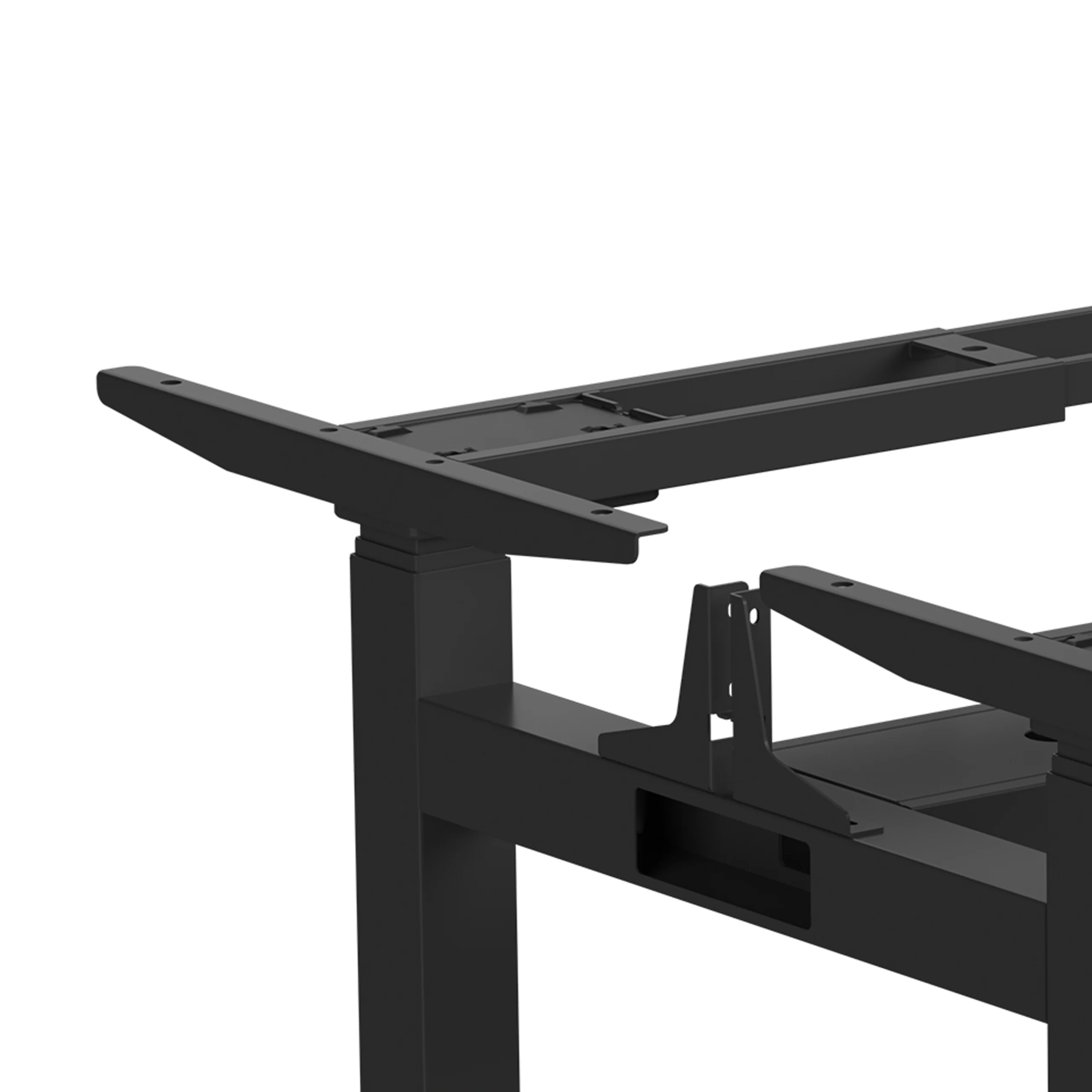 Black face-to-face height-adjustable standing desk with dual workstations, sturdy frame, and modern design for ergonomic office setups.