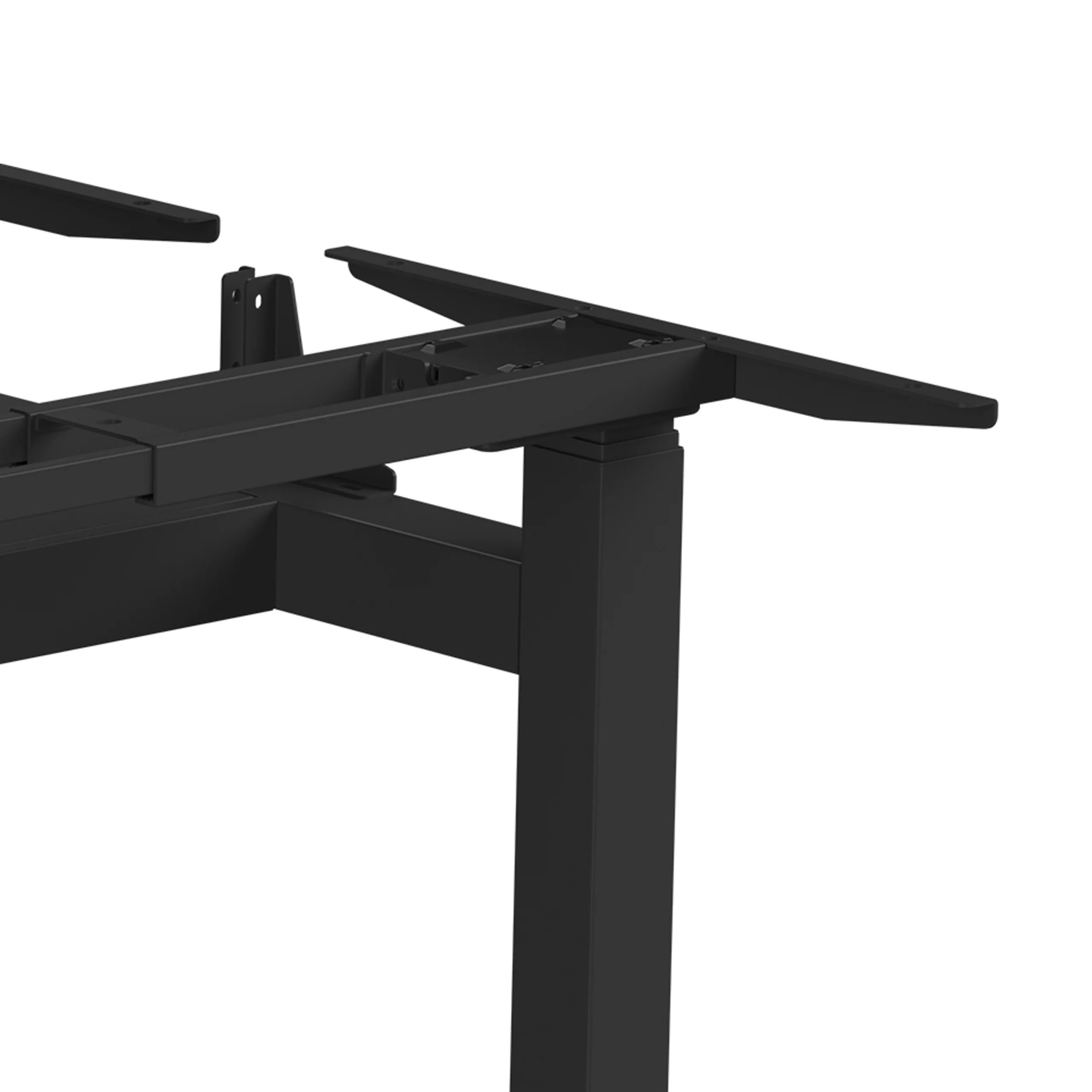 Black face-to-face height-adjustable standing desk with dual workstations, sturdy frame, and modern design for ergonomic office setups.