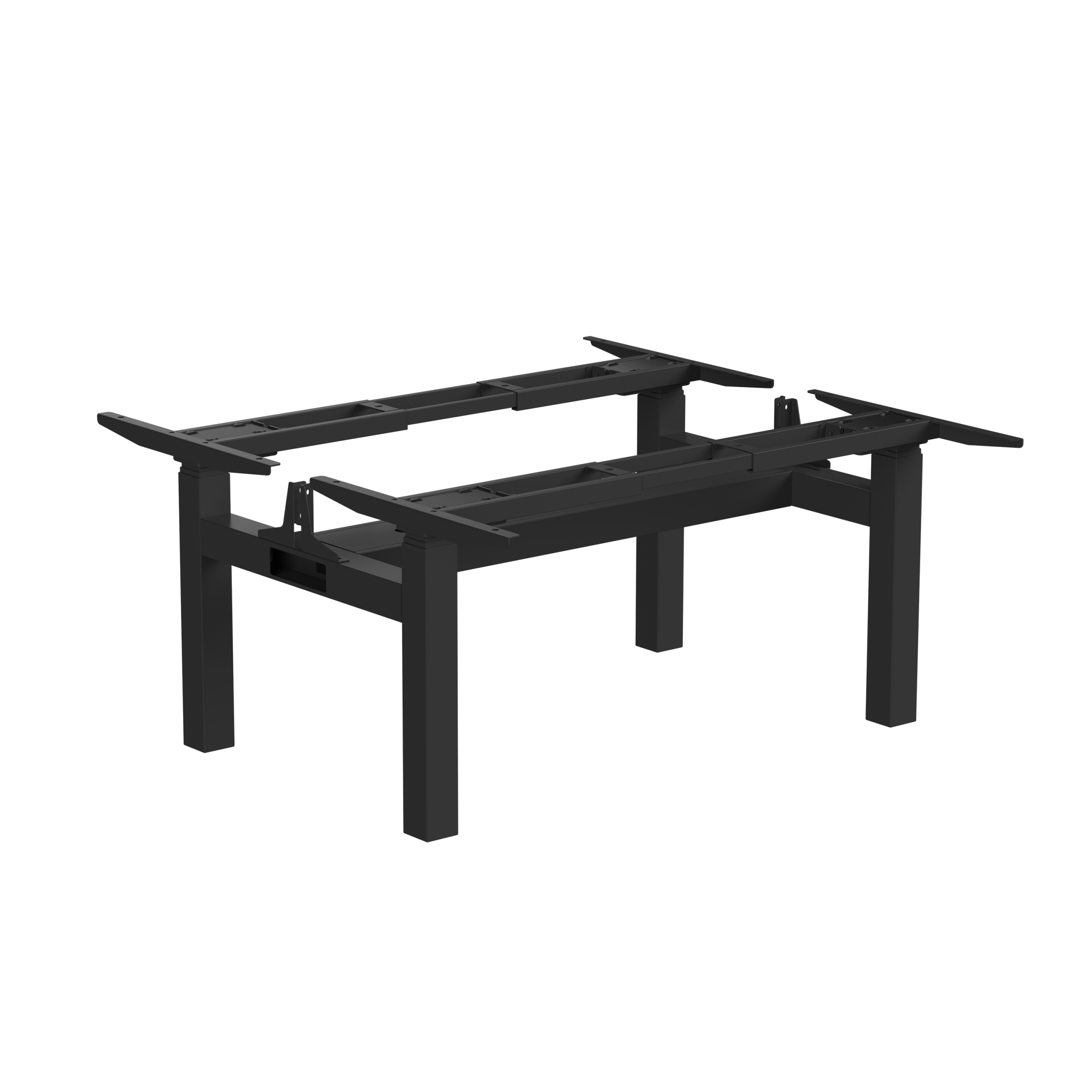 Black face-to-face height-adjustable standing desk with dual workstations, sturdy frame, and modern design for ergonomic office setups.