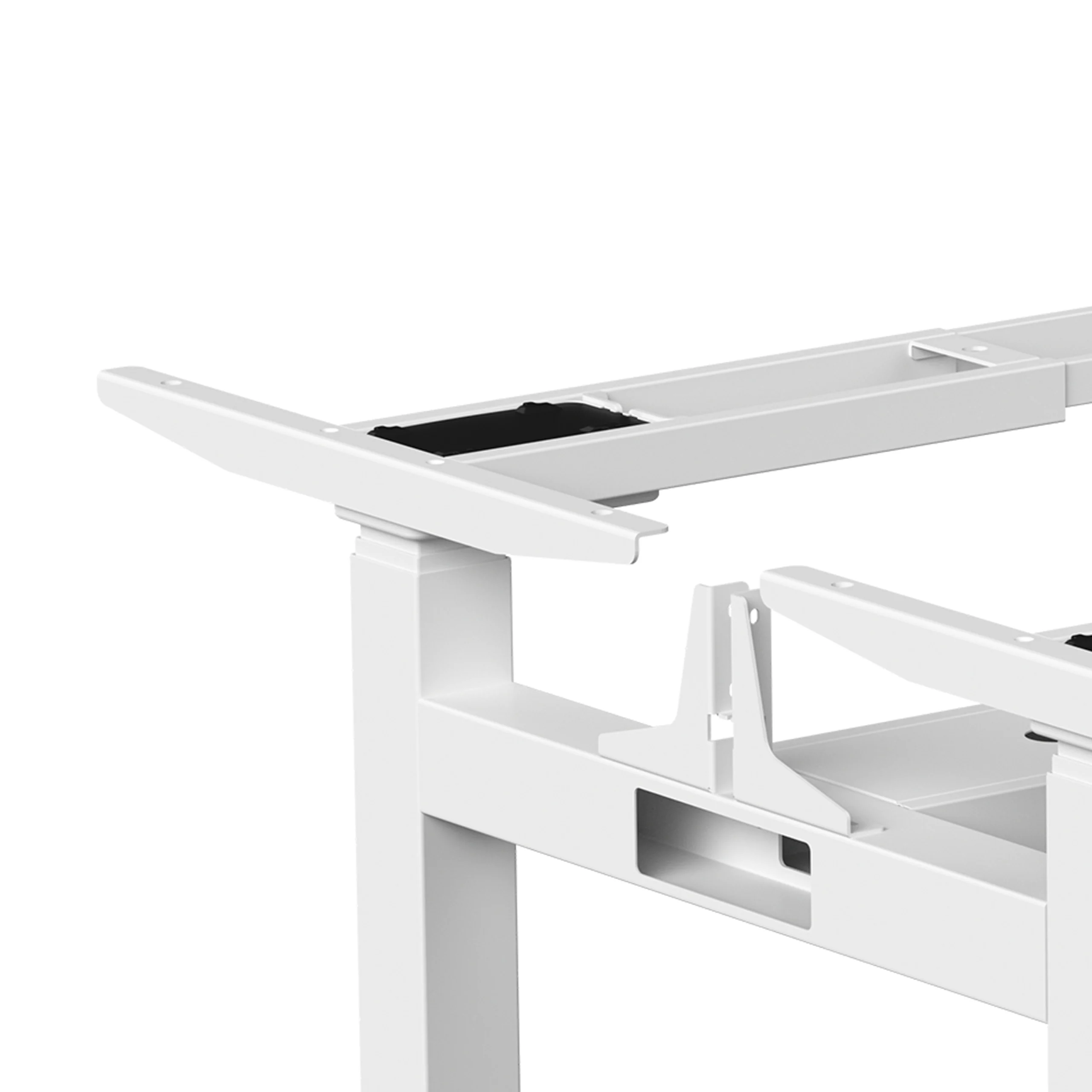 White face-to-face height-adjustable standing desk with dual workstations, sturdy frame, and modern design for ergonomic office setups.