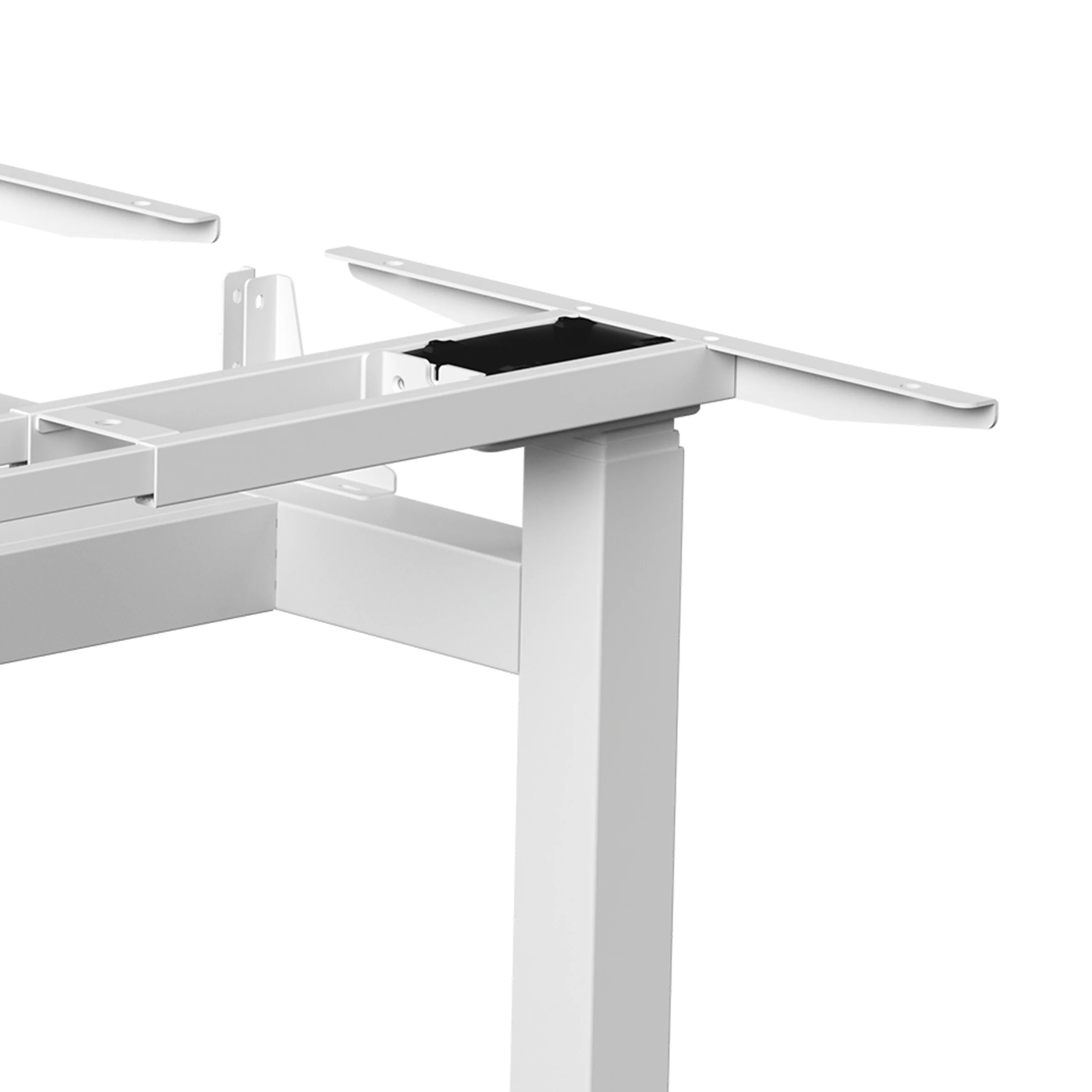 White face-to-face height-adjustable standing desk with dual workstations, sturdy frame, and modern design for ergonomic office setups.