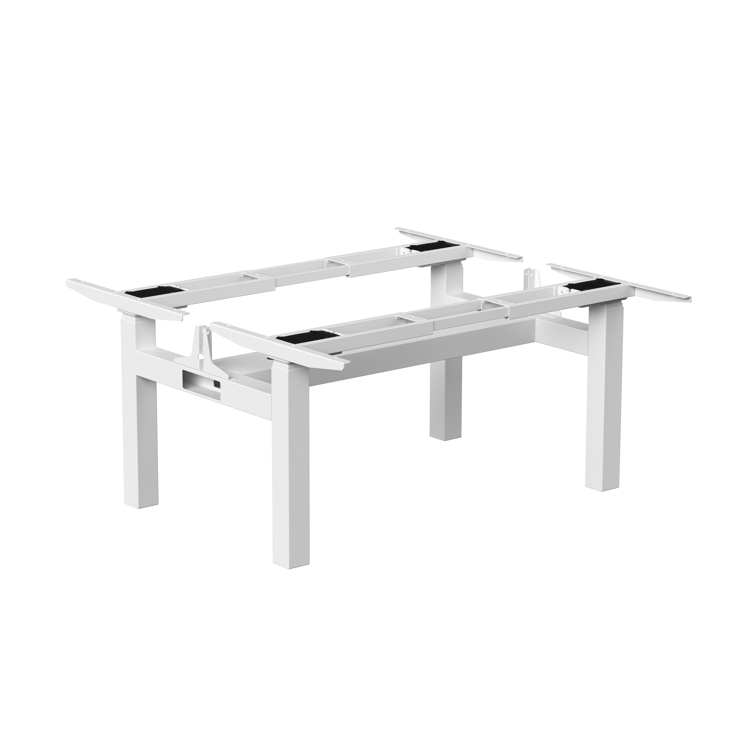 White face-to-face height-adjustable standing desk with dual workstations, sturdy frame, and modern design for ergonomic office setups.